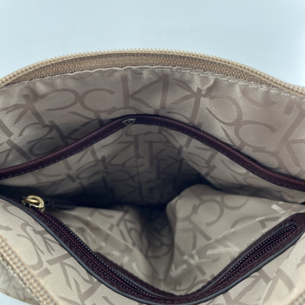 Rare Calvin Klein Signature Allover Monogram Taupe Crossbody Maroon Strap Gold - Picture 13 of 16